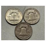 (3) 1958-D Franklin Silver Half Dollars