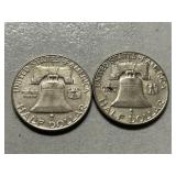 (2) 1958-D Franklin Silver Half Dollars