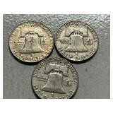 (3) 1957-D Franklin Silver Half Dollars