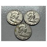 (3) 1954 Franklin Silver Half Dollars -- (2) D & (1) P Mints
