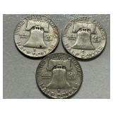 (3) 1954 Franklin Silver Half Dollars -- (2) D & (1) P Mints