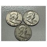 (3) 1954 Franklin Silver Half Dollars -- (2) D & (1) P Mints