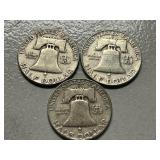 (3) 1954 Franklin Silver Half Dollars -- (2) D & (1) P Mints