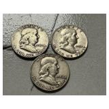 (3) 1954 Franklin Silver Half Dollars -- (1) D & (1) P & (1) S Mints