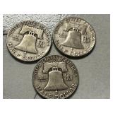 (3) 1954 Franklin Silver Half Dollars -- (1) D & (1) P & (1) S Mints