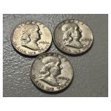 (3) 1954 Franklin Silver Half Dollars -- (2) D & (1) P Mints