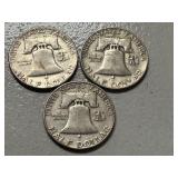 (3) 1954 Franklin Silver Half Dollars -- (2) D & (1) P Mints