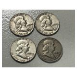 (4) 1954 Franklin Silver Half Dollars -- (3) D & (1) P Mints