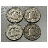 (4) 1954 Franklin Silver Half Dollars -- (3) D & (1) P Mints