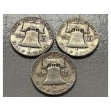 (3) 1953 Franklin Silver Half Dollars -- (2) D & (1) S Mints
