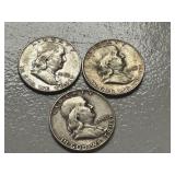 (3) 1953 Franklin Silver Half Dollars -- (2) D & (1) S Mints