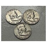(3) 1953 Franklin Silver Half Dollars -- (2) D & (1) S Mints