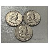 (3) 1953 Franklin Silver Half Dollars -- (1) D & (1) P & (1) S Mints