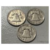 (3) 1953 Franklin Silver Half Dollars -- (1) D & (1) P & (1) S Mints