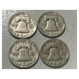 (4) 1953 Franklin Silver Half Dollars -- (2) D & (1) P & ( 1) S Mints