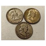 (3) 1951 Franklin Silver Half Dollars -- (2) P & (1) S Mints
