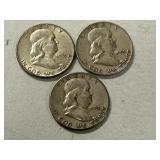 (3) 1951 Franklin Silver Half Dollars  -- (1) D & (1) S & (1) P Mints