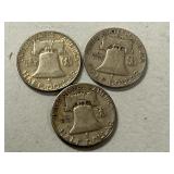(3) 1951 Franklin Silver Half Dollars  -- (1) D & (1) S & (1) P Mints