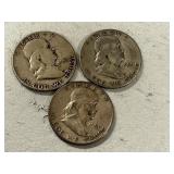 (3) 1951 Franklin Silver Half Dollars  -- (1) D & (1) S & (1) P Mints