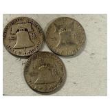 (3) 1951 Franklin Silver Half Dollars  -- (1) D & (1) S & (1) P Mints
