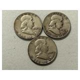 (3) 1949 Franklin Silver Half Dollars -- (2) S & (1) D Mints