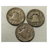 (3) 1949 Franklin Silver Half Dollars -- (2) S & (1) D Mints