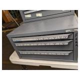 Assortment of Plastic Stackable Storage Bins and Huot Drill Bit Dispenser and Storage Organizers