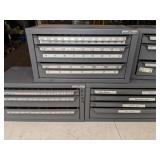 Assortment of Plastic Stackable Storage Bins and Huot Drill Bit Dispenser and Storage Organizers