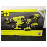 Brand New RYOBI 18V ONE+ Cordless 1/2in. Drill/Driver, Impact Driver, Reciprocating Saw, and Work Light Kit with Batteries and Charger
