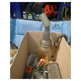 Qty of 3 boxes of misc including vintage oil bottle & spout. As shown.