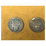 2 - Mercury winged Liberty silver head dimes