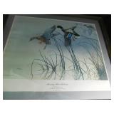 Ducks Unlimited "Morning Mist Mallards" print in frame, safety harnesses and step stool with storage compartment