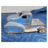 vintage metal tractor with grain hauler and old metal semi