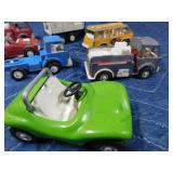 Box of die cast cars and trucks