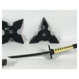 3 throwing knives and 1 small samurai sword
