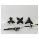 3 throwing knives and 1 small samurai sword