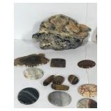 Lot of polished rocks with agates and a rock made into jewelry