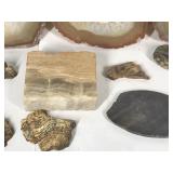Slab cut rocks with agates