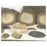 Slab cut rocks with agates