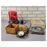Vintage "Beede Electrical" DC Voltmeter with wood Case, Tin Champion Spark Plug Case, 110V Strobe Light (works) and More