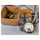 Vintage "Beede Electrical" DC Voltmeter with wood Case, Tin Champion Spark Plug Case, 110V Strobe Light (works) and More