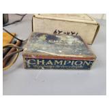 Vintage "Beede Electrical" DC Voltmeter with wood Case, Tin Champion Spark Plug Case, 110V Strobe Light (works) and More