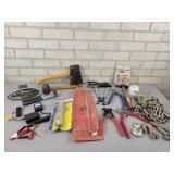 Assorted Hand Tools - Battery Maintainer, Chain Hooks, Pliers, Hammers, Chevrolet Avalanche Hitch Insert, Hatchet and More