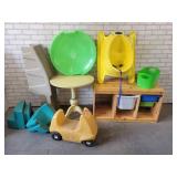 Wood Toy Storage Shelf with Bins (37" x 17" x 21" Tall), Snow Sleds, Side Table and More - NO SHIPPING