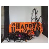 Lot of Halloween Décor - Lighted Happy Halloween Sign, Lighted Spooky Willow Tree, and (15) Spiderweb Tinsel Decorations