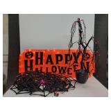 Lot of Halloween Décor - Lighted Happy Halloween Sign, Lighted Spooky Willow Tree, and (15) Spiderweb Tinsel Decorations