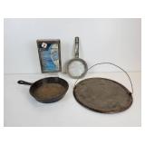7" Cast Iron Il Molino Pan, Small Aluminum Wearever Pan, Smoker Box, and 12" Campfire Griddle