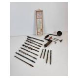 Jacques Seeds Tin Thermometer with Lot of Antique Tools - Drill Brace, Gimlets, Auger Bits, Adjustable Bit, and More