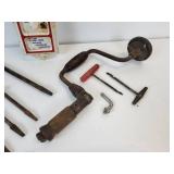 Jacques Seeds Tin Thermometer with Lot of Antique Tools - Drill Brace, Gimlets, Auger Bits, Adjustable Bit, and More