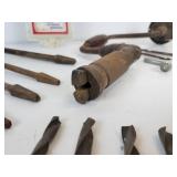 Jacques Seeds Tin Thermometer with Lot of Antique Tools - Drill Brace, Gimlets, Auger Bits, Adjustable Bit, and More